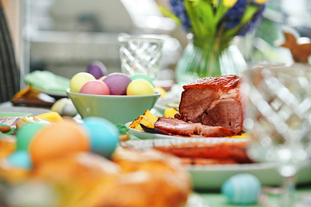 Easter Lunch with Roast Pork, Vegetables, Easter Cookies and Easter Cake