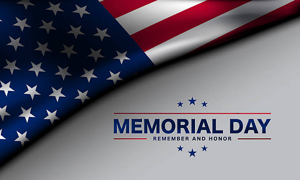 istock Memorial Day Greeting Card Design. Invitation template with text and waving US flag on white background. 2208389789