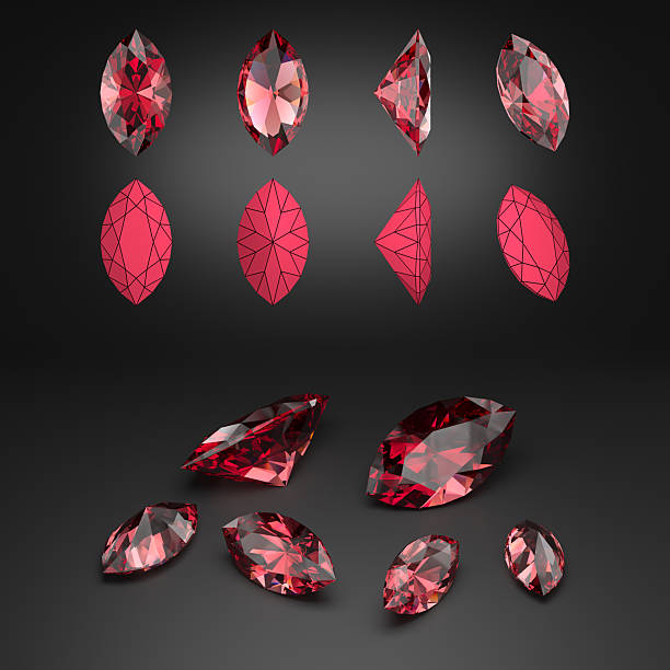 istock Demonstration of the marquise cut ruby from different angles. Scheme of cutting. Scattering of gemstones. 3d rendering. 2208403063