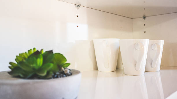 istock Minimalist design white cups mugs and green plant white 2208405953