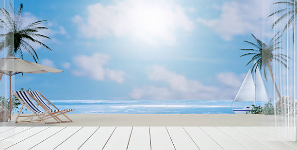 istock Tranquil Beach Scene with Sunlit Ocean View, 3D render illustration 2208406203