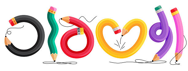istock Colorful pencil elements clipart set design. School pen drawing and writing elements clip art collection in curved, heart shape, tie 2208410633