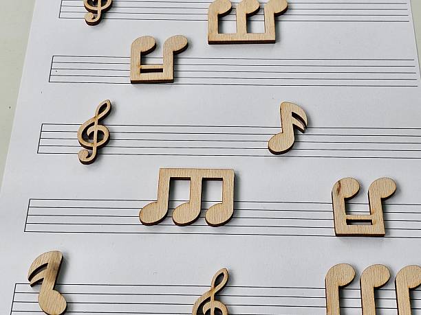 istock Wooden musical notes arranged on sheet music with staff lines design concept 2208420754