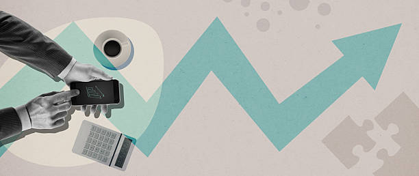 Businessman and trader using a financial app on his smartphone and arrow going up showing a positive trend: finance, trading and stock market concept, creative collage
