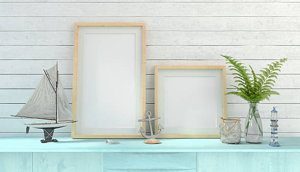 istock 3d rendering of a sideboard with two blank mock-up posters 2208421203