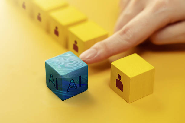 istock Unemployment Issue Impact from AI Technology Concept. Human Resource Choosing an AI Cube that Stand Out among many Human Worker 2208424984