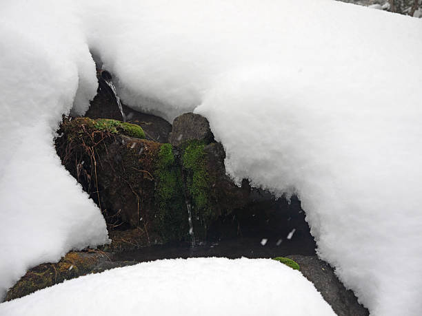 istock Japanese garden fountain under a snowdrift 2208425986