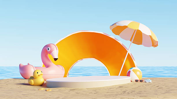 istock 3D render, Summer Beach scene with empty display podium for showing product, flamingo float, umbrella, and orange inflatable ring 2208428649