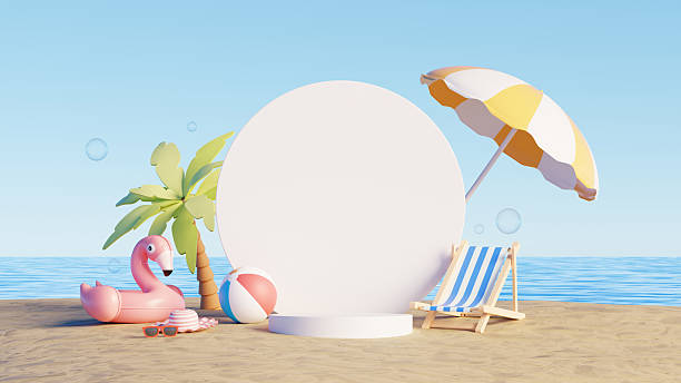 istock 3D render, Beach scene with blank round podium and board, umbrella, flamingo float with summer concept 2208428656