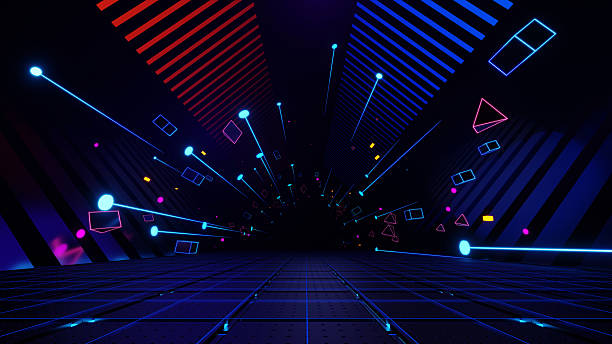 istock 3d render, Abstract neon glowing tunnel with blue and red stripes and floating geometric shapes background 2208428940