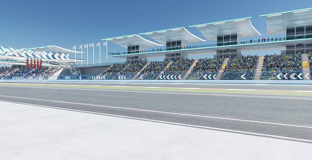 istock 3D Empty race track awaiting race cars at stadium with spectators 2208434106