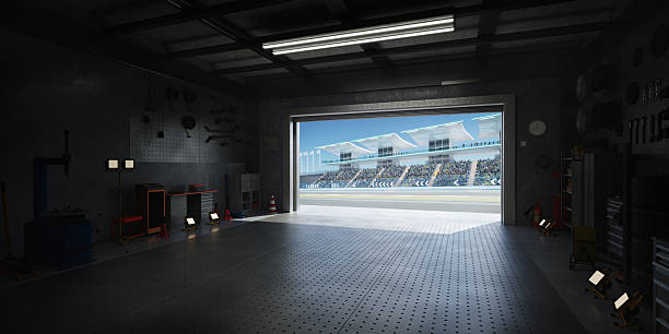 Open garage door revealing a sunny racetrack with cheering spectators, offering a glimpse into the exciting world of motorsports. 3D rendering