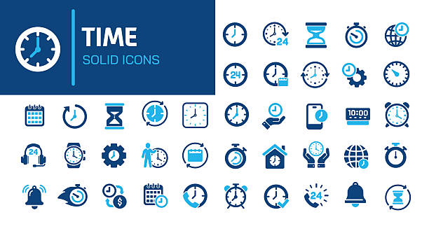 stockillustraties, clipart, cartoons en iconen met time glyph solid icons. containing clock, alarm, stopwatch, calendar solid icons collection. vector illustration. perfect pixel on clean white background - tijdzone