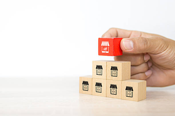 istock Franchise e-commerce, Hand choose cube wooden block stack with franchise business e-commerce store growth with graph icon for change financial marketing to online platform adjust to survive and grow. 2208438933