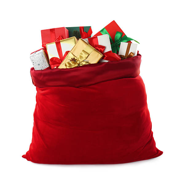 istock Santa Claus bag with gift boxes isolated on white 2208439150