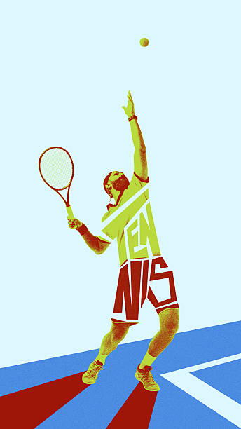istock Vertical layout. Front view of bearded focused man, tennis player during game, serving ball with racket, playing. Creative art design. 2208443825