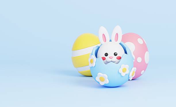 istock Bunny rabbit with floral cracked egg and Easter eggs. The bright scene for Happy Easter greetings concept. 3D render illustration. 2208447308