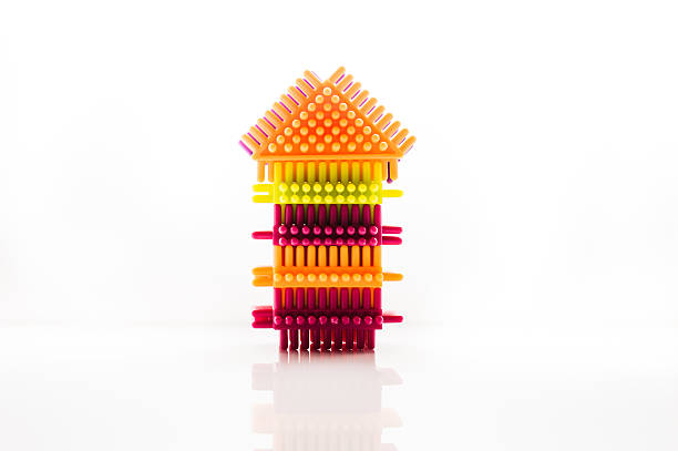 The children's construction toy consists of colorful elements. The colors on the white background appear very vivid. The play set encourages cognitive activity and creative expression.