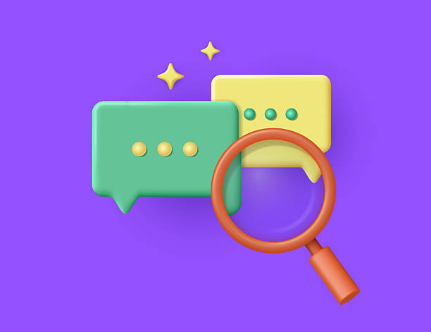 istock Bright colorful chat bubbles with magnifying glass symbolizing online communication and message search on purple background with decorative stars. Vector 3D illustration. 2208454494