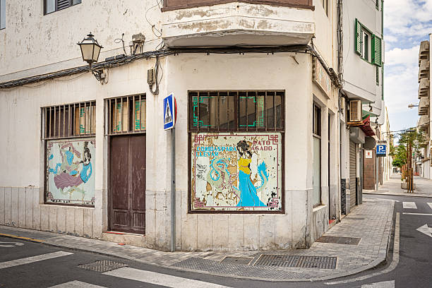 Arrecife, Lanzarote, Canary Islands, Spain - March 2nd 2025:  Facade of an abandoned Chinese restaurant on a street corner in the major city on the Atlantic island