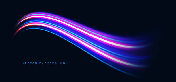 istock Blue and pink neon curved rays glowing on dark background. Speed motion moving concept. 2208460362