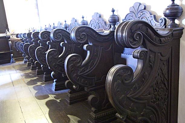 Close up of the chairs of the monks in the choir of the church of Sao Francisco in Joao Pessoa city