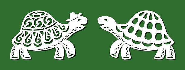 Couple of cute turtles. Two smiling animals with decorative shells look at each other. Template for plotter laser cutting of paper, fretwork, wood carving, metal engraving, cnc. Vector illustration. wood turtle stock illustrations