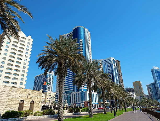 Sharjah, UAE - March 3, 2025: Buhaira Corniche waterfront with a walking trail