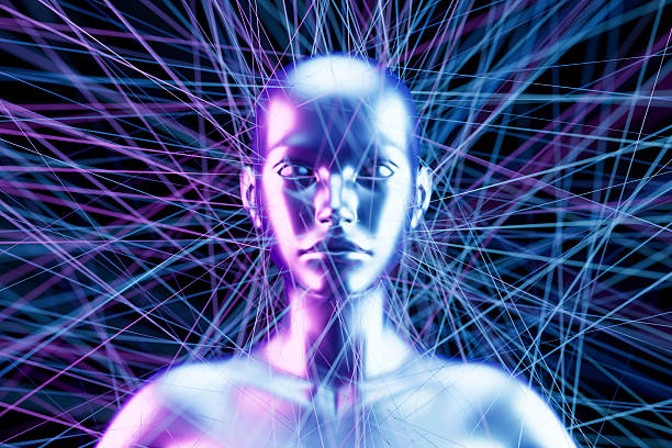 A digitally generated image featuring a futuristic woman cyborg head with wires extending from it, symbolizing the integration of human-like intelligence with advanced neural networks. This conceptual design represents artificial intelligence, cognitive computing, and the future of human-machine collaboration, making it ideal for technology, AI, and innovation-related themes.