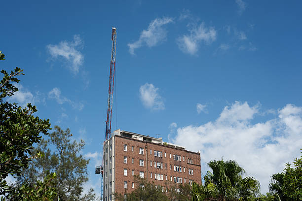 Apartment building with crane on top behind trees, with blue sky.