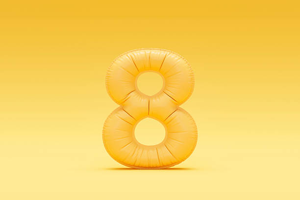 Number 8 balloon on yellow background. Digitally generated image. 3d render.