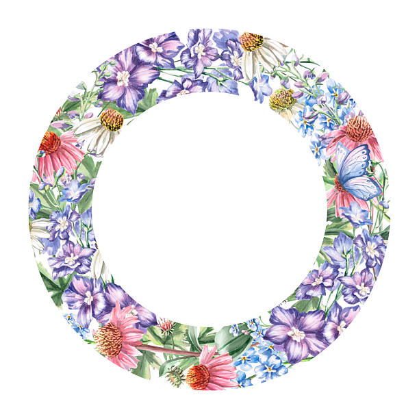 istock Round frame with various garden flowers and butterfly. Isolated watercolor illustration of garden flowers for design of cosmetic products, printing on posters, clothes 2208469363