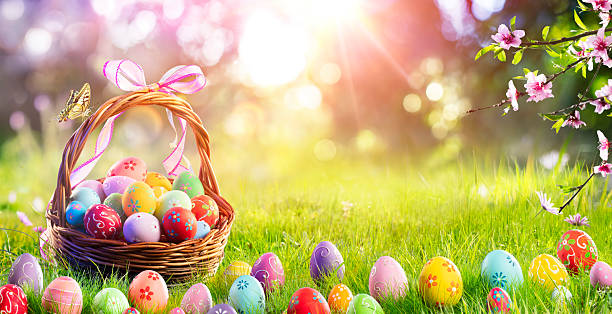 istock Easter Eggs In Basket In Sunny Meadow With Abstract Defocused Lights 2208471015