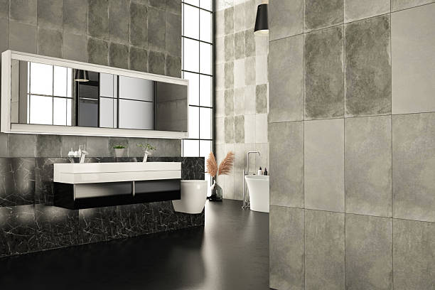 istock Modern Minimalist Bathroom Interior with Marble and Concrete Tiles 2208471571