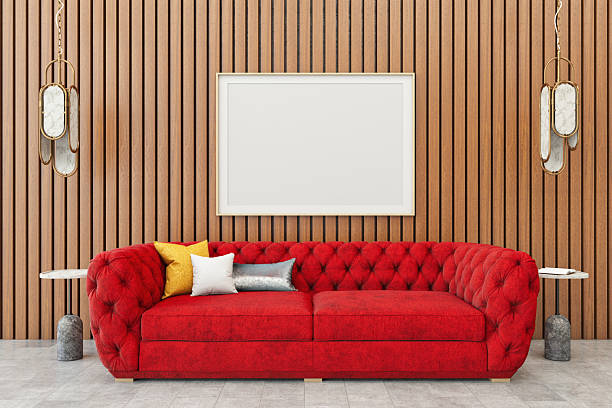 istock Empty Mock Up Picture Frame. Modern Living Room with Red Sofa and Wood Wall 2208471603