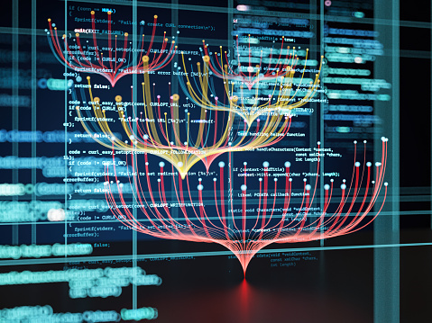 Colorful Data Flow Visualization With Source Code On Screen Stock Photo ...