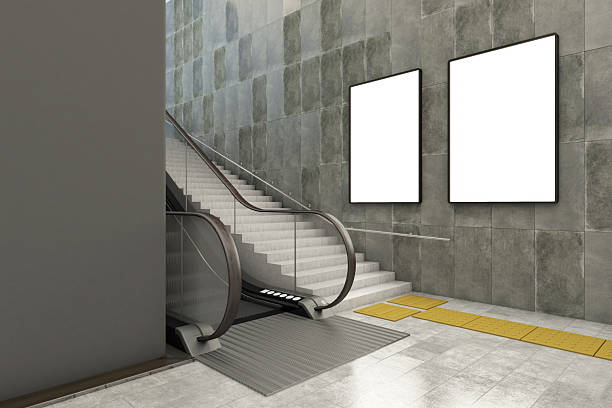 Indoor Escalator and Stairs with Blank Advertisement Boards. 3D Render