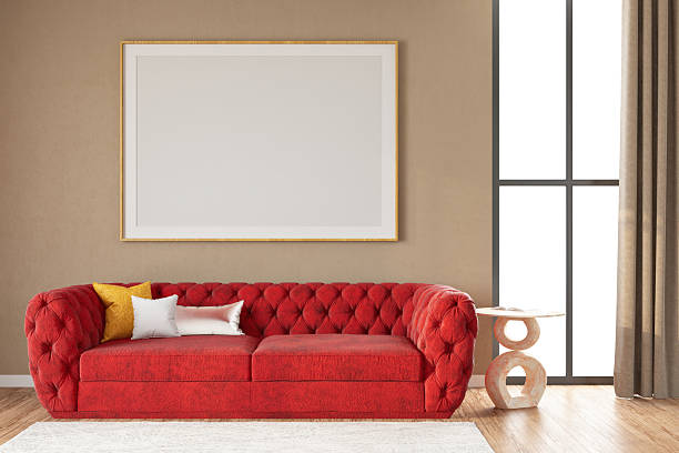 Elegant Living Room with Red Sofa and Blank Frame
