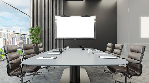 istock Modern Conference Room with City View and Presentation Screen 2208473287