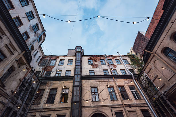 Decayed facade of old city buildings.