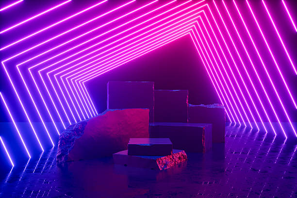 istock Podium, empty product display stand, platform in neon lighting dark room 2208477016