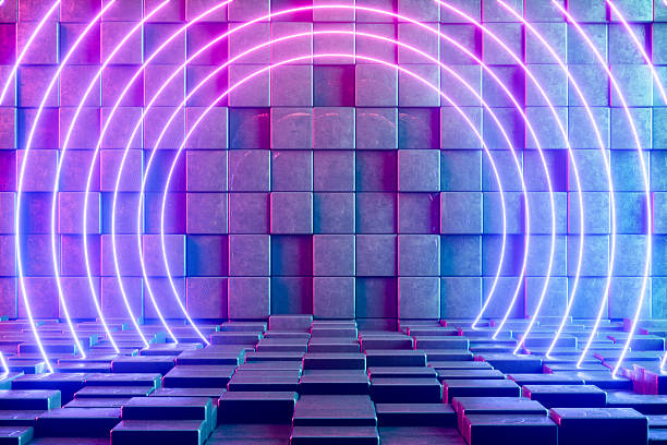 istock Block shape exhibition background with neon lights 2208478118