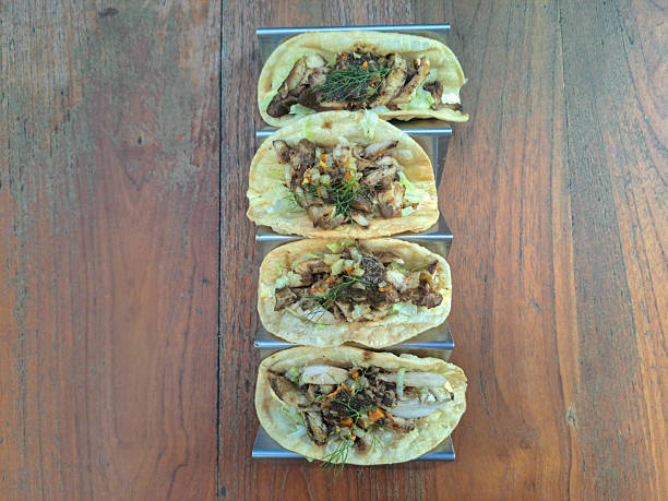 Red Curry Chicken Taco With Pan Seared Chicken Leg, Red Curry Sauce, Iceberg Lettuce, Aioli, Taco Shell Yoghurt, Sauteed Brunoise Potato And Carrot. Mediterranean Food Menu. Top View.
