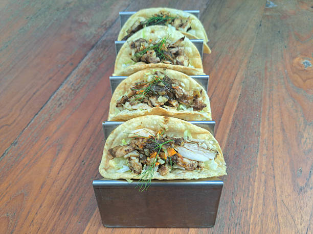 Delicious Red Curry Chicken Taco With Pan Seared Chicken Leg, Red Curry Sauce, Iceberg Lettuce, Aioli, Taco Shell Yoghurt, Sauteed Brunoise Potato And Carrot. Mediterranean Food Menu.