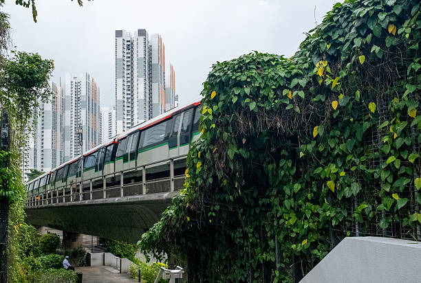 Train on raised rails with high-rise apartment blocks in background