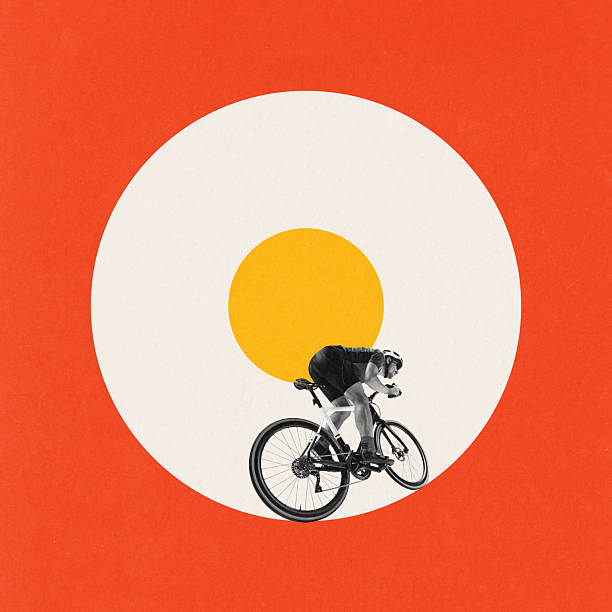 Contemporary art collage. Cyclist racing through color circle. Acceleration and focus. Time trial speed. Artwork in Bauhaus style. Concept of sport, motion, intensity and performance.