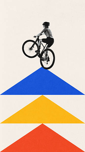 istock Contemporary art collage. Biker ascending layered triangle peaks. Endurance challenge. Road to summit. Artwork in Bauhaus style. 2208490055