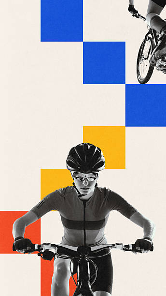 istock Contemporary art collage. Woman cyclist pushing forward with focus. Personal power. Training intensity. Artwork in Bauhaus style. 2208490068