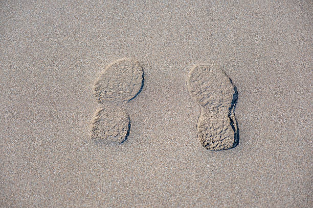 Two footprints in the sand, one on the left and one on the right. The sand is dry and the footprints are clearly visible