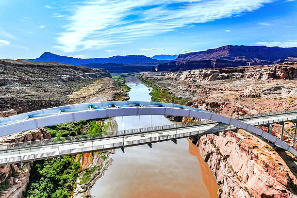 Magnificent bridge -  masterpiece of engineering.  Hite Crossing Bridge is arch bridge across the Colorado River. United States of America. Drone footage.